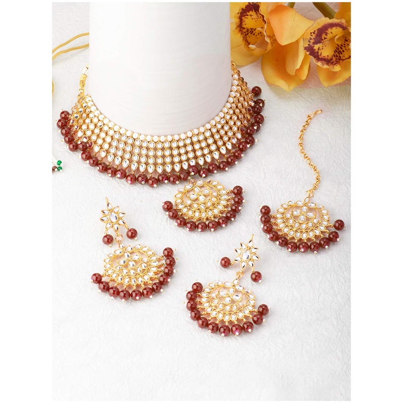 Aheli Faux Kundan Beaded Necklace with Earrings & Maang Tikka Indian Bollywood Ethnic Jewelry Set for Women - Image 3